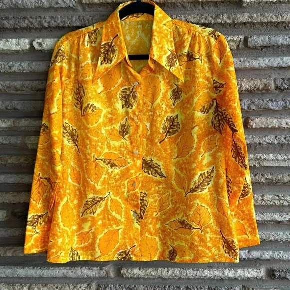 Vintage 70s Dagger Point Collar Orange Leaf Print Nylon Blouse - Picture 4 of 5